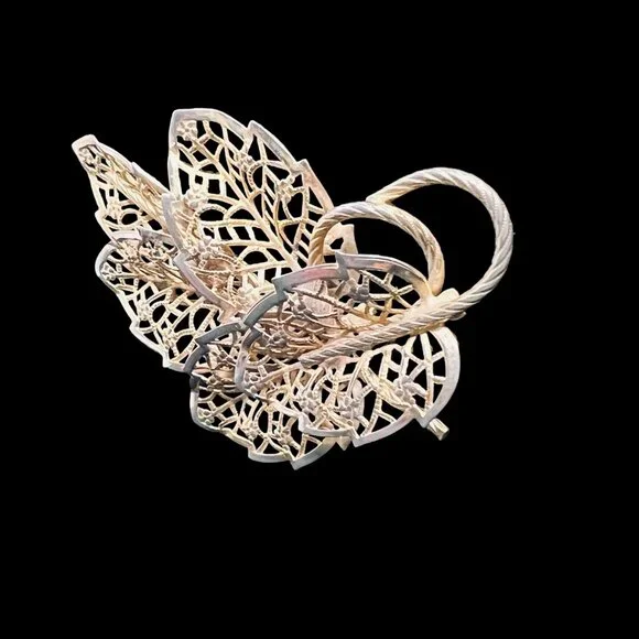 Vintage Judy Lee Open Work Gilded Layered Leaves Brooch (5171) - Picture 3 of 6